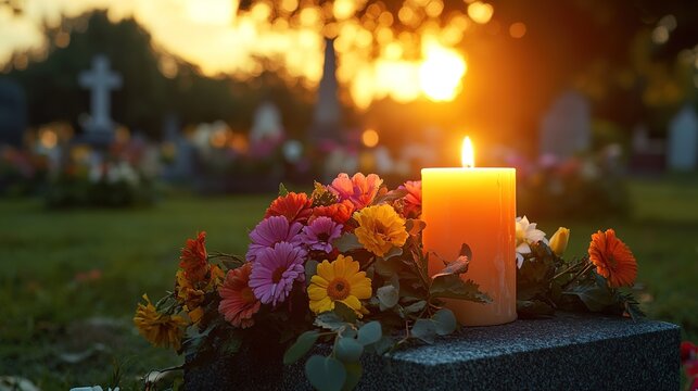 Floral Arrangement with Candle on a Tombstone at Sunset - Realistic Photo
