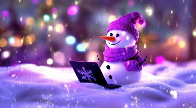 Snowman with purple scarf working on his laptop in the snow, digital winter nomad, minimal concept