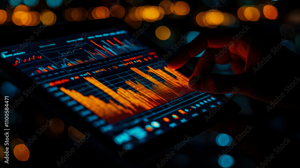 Poster a person examines complex financial graphs on a touchscreen device while surrounded by a vibrant cit
