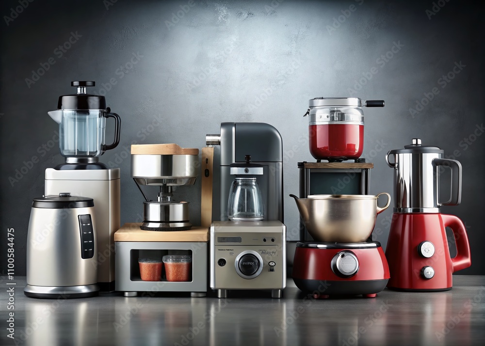 Poster a stylish display of kitchen home appliances on a gray background featuring modern designs and effic