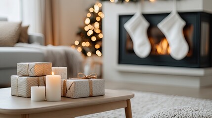Warm light fills a cozy room adorned with a beautifully decorated tree, stockings hung by the fireplace, and presents stacked on the floor