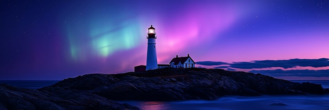 A serene lighthouse at dusk under a vibrant aurora borealis sky.