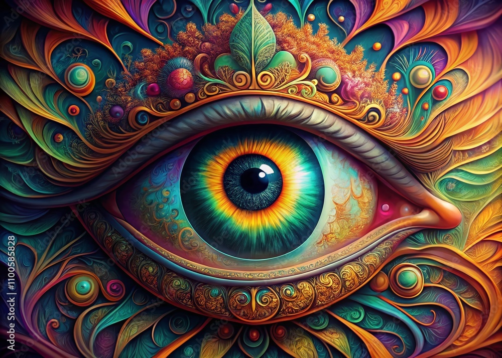 Poster a vibrant and intricate stylized eye illustration emphasizing colorful details and artistic flair, c