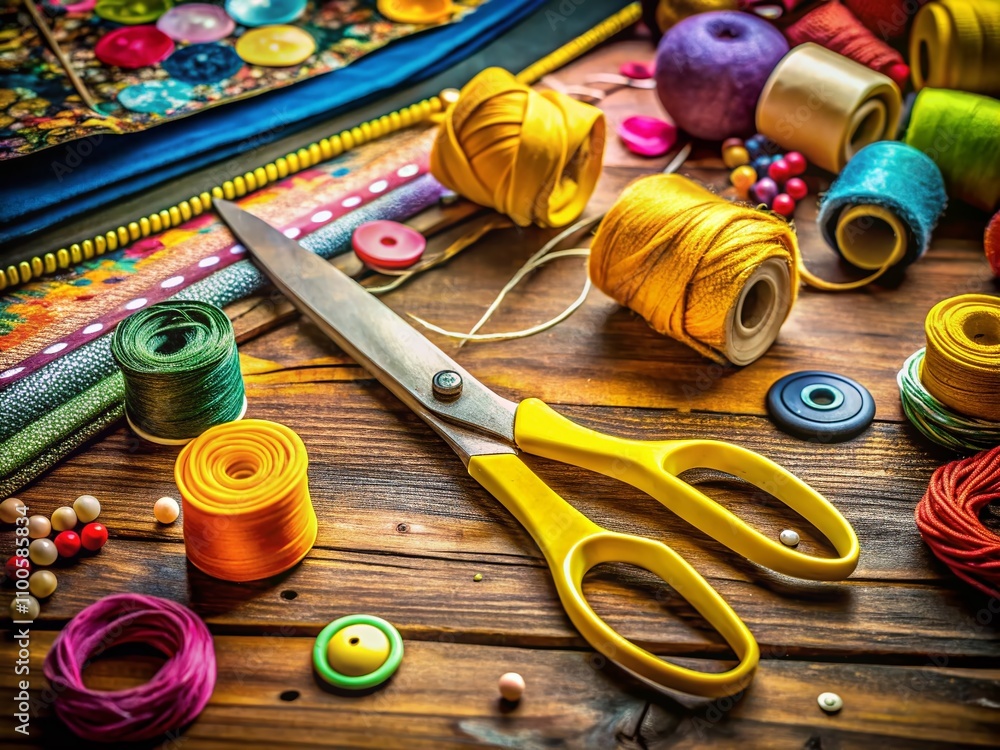 Poster a vibrant and dynamic panoramic view of yellow scissors on a wooden table surrounded by crafting mat