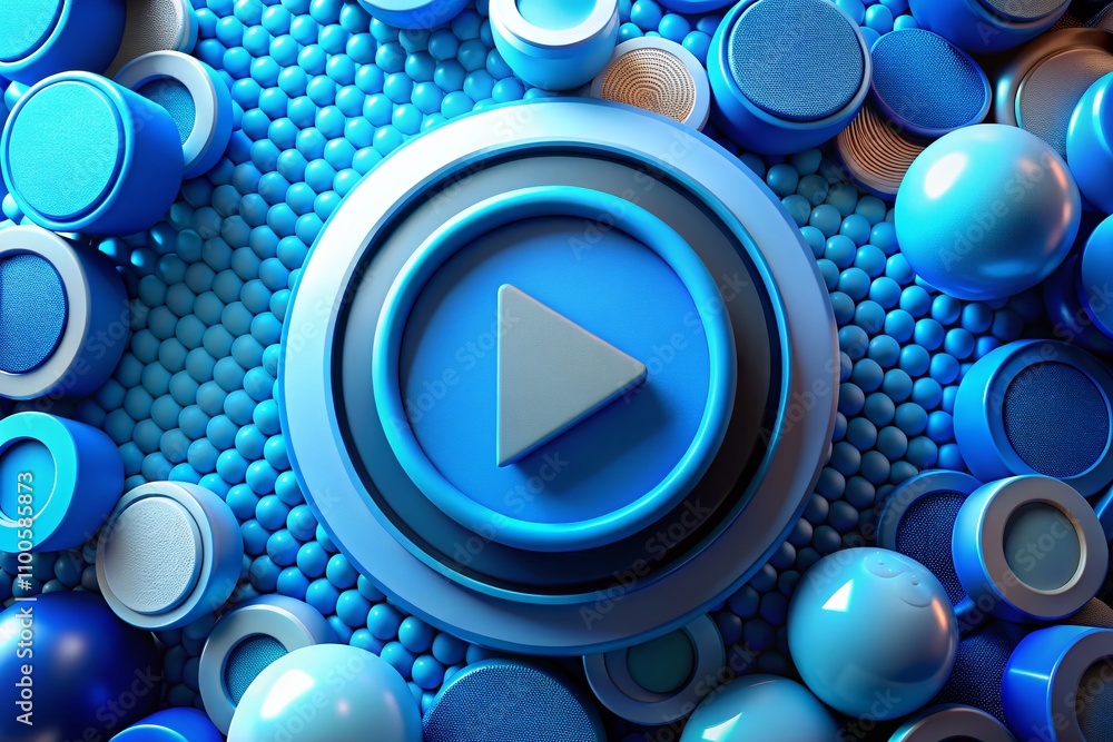 Poster a vibrant blue frutiger aero play button surrounded by textures and colors in high depth of field ca