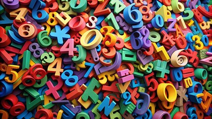 Fototapeta premium A Vibrant and Chaotic Collection of Letters and Numbers in a Dynamic Arrangement, Showcasing Playful Interactions Between Colors, Shapes, and Textures for Artistic Inspiration