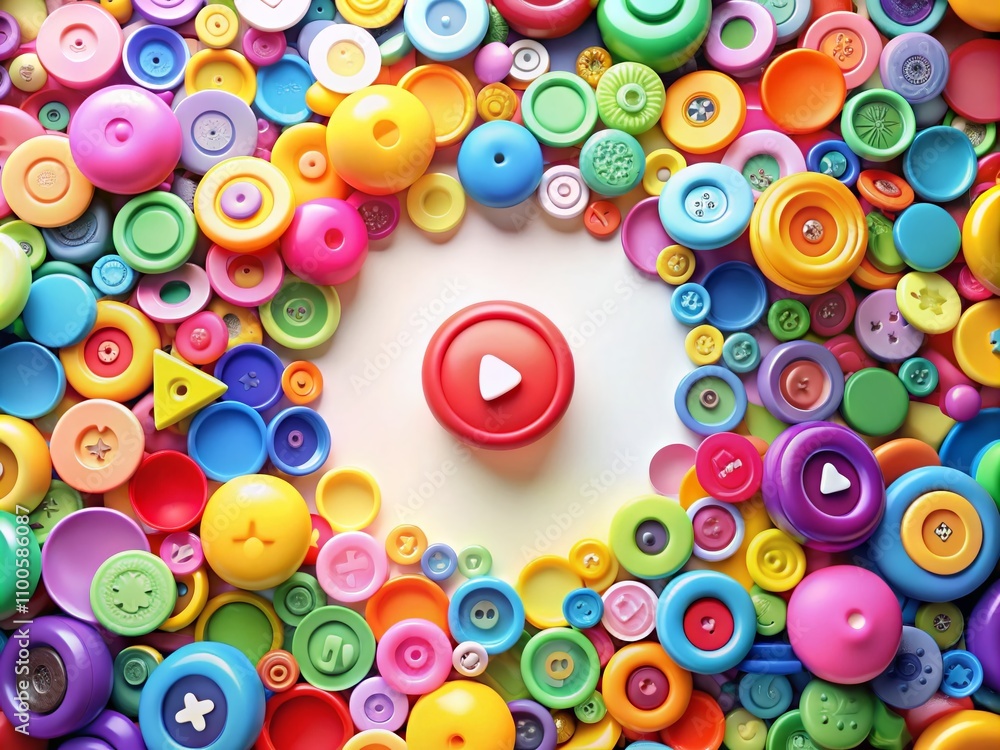 Poster a vibrant collection of circular play buttons in diverse colors isolated on a clean cutout backgroun