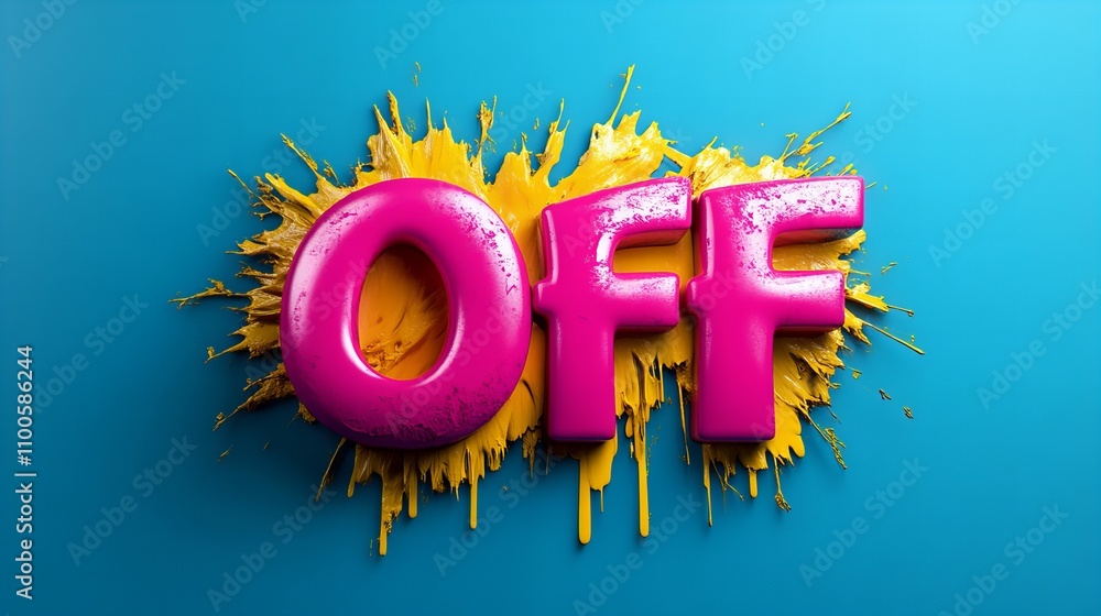 Poster vibrant pink 'off' text with yellow splatter on a blue background, creating a playful and dynamic vi