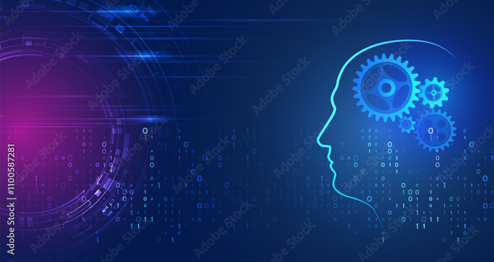 Aufkleber Data analysis, neural network. Artificial intelligence vector illustration. Technology background template. Abstract high tech brain on a blue background.