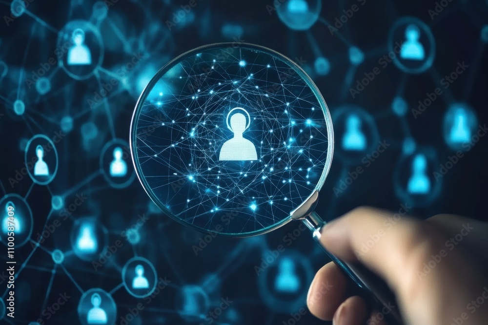 Poster know your customer (kyc) concept. person use magnifying glass focus to identity verification system 