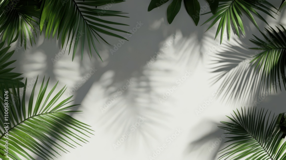 Poster shadow overlay effect on tropical leaves with transparent background, palm leaf shadows in 3d 3d ren