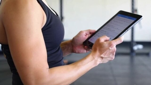 Over-the-shoulder shot of fitness instructor using a tablet to track a client&rsquo;s progress with blurred workout space.