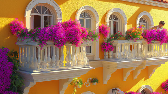 Bunte Balkonblumen an gelber Fassade in Kolumbien

