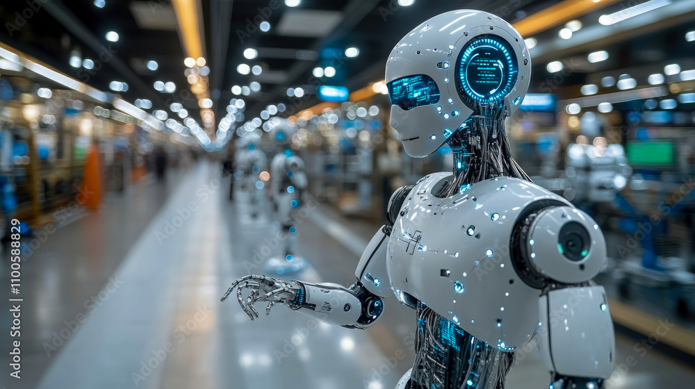 Poster humanoid robots with glowing features stand in a busy exhibition hall showcasing innovative technolo