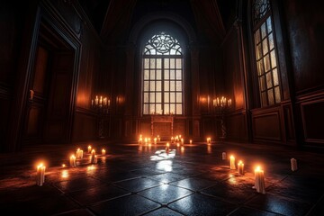 Obraz premium A dimly lit room featuring illuminated candles.
