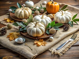 Beautiful Thanksgiving Day or Halloween Table Setting with Mini White Pumpkins, Lamb's Ears Leaves, and Acorns on a Rustic Burlap Table Runner