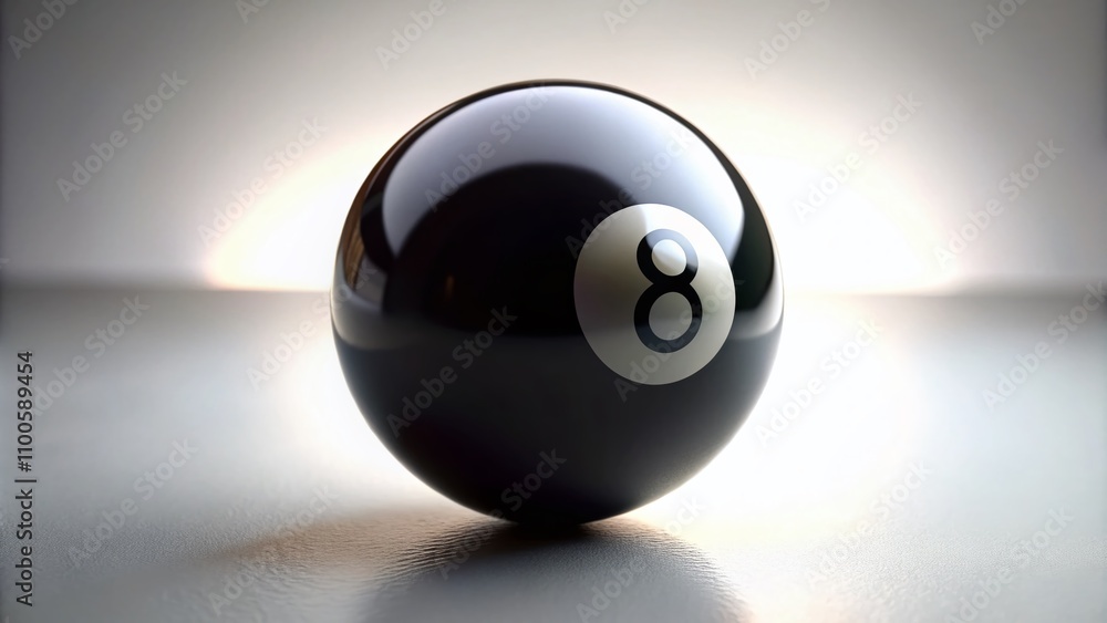 Poster black 8 ball isolated on stark white background with bokeh effect and high-key lighting, highlightin