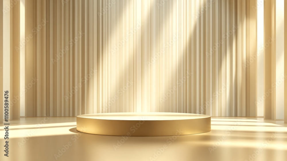 Poster golden background,empty studio wall room and podium with light,window shadow,minimal backdrop 3d bei