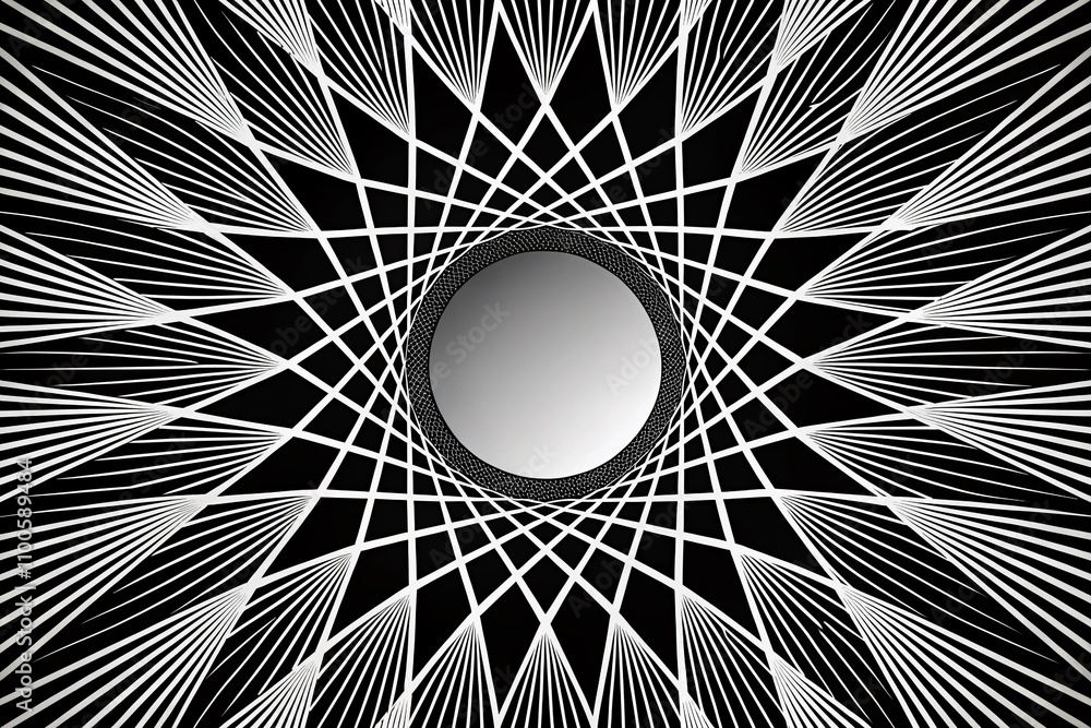 Poster black and white abstract composition with radial pattern of intersecting lines and central circle, p