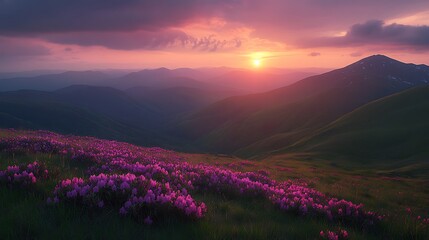 A breathtaking sunrise over the Carpathian Mountain hill background