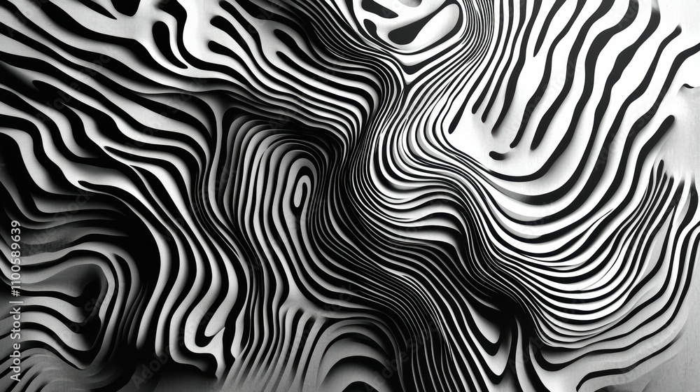 Poster the backdrop is an abstract black and white 3d composition with intricate line patterns that create 