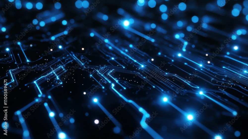 Poster the background banner of a digital network circuit board is blue and black with glowing lights and c