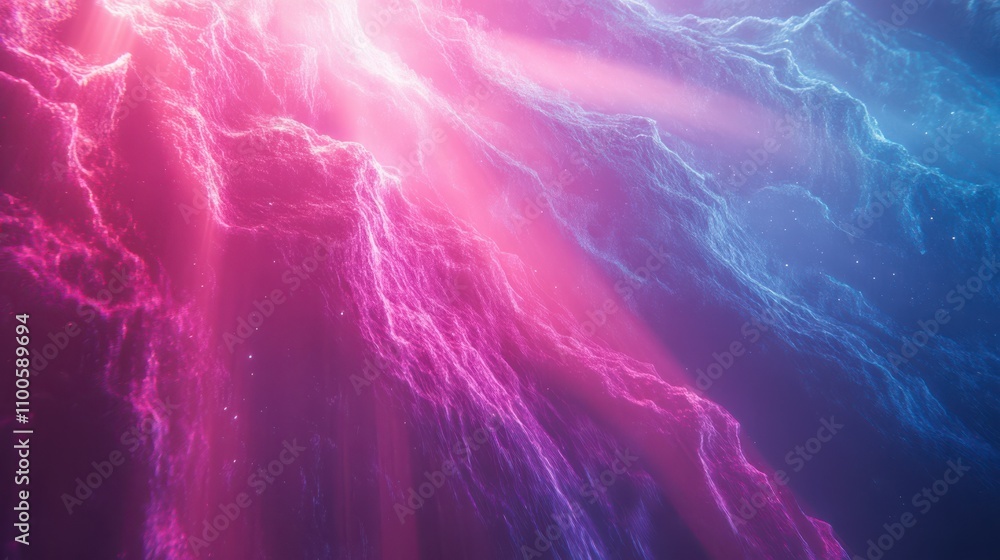 Poster the background features pink and blue glowing lines ascending in a 3d rendering. this is a stunning,