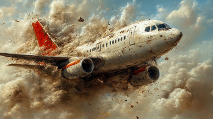 Fototapeta premium An airplane crashes dramatically, creating a massive explosion and a thick cloud of smoke and debris in a clear blue sky during daytime