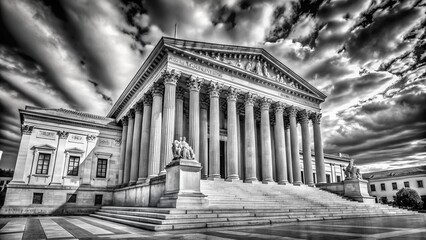Black and White Landscape of the Iconic Columns at the Supreme Court in Washington DC, Emphasizing Architectural Grandeur and Historical Significance in a Timeless Setting