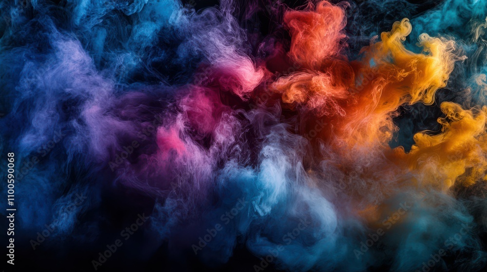Poster the colorful smoke swirls and dances against a stark black background, creating a mesmerizing and ca