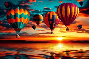Obraz premium A stunning display of hot air balloons at sunset over a serene lake.