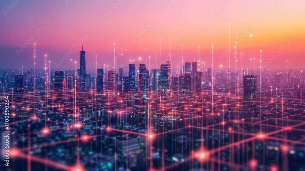 Poster the concept of the smart city connects the abstract dot point design with the gradient line and intr