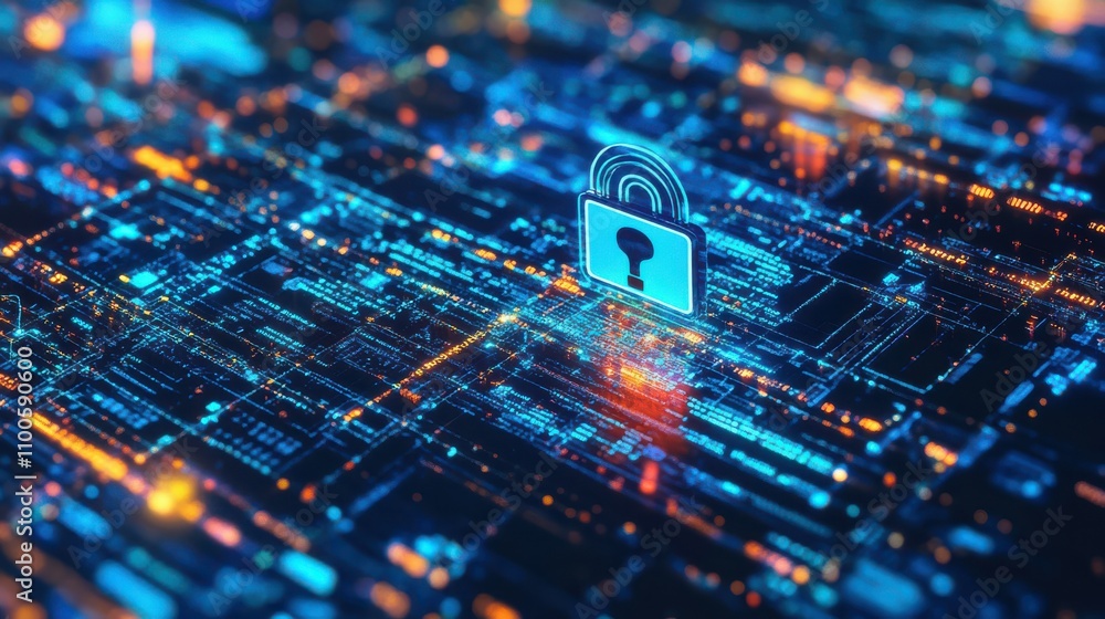 Poster the image represents the intersection of cybersecurity and big data in a technology backdrop.