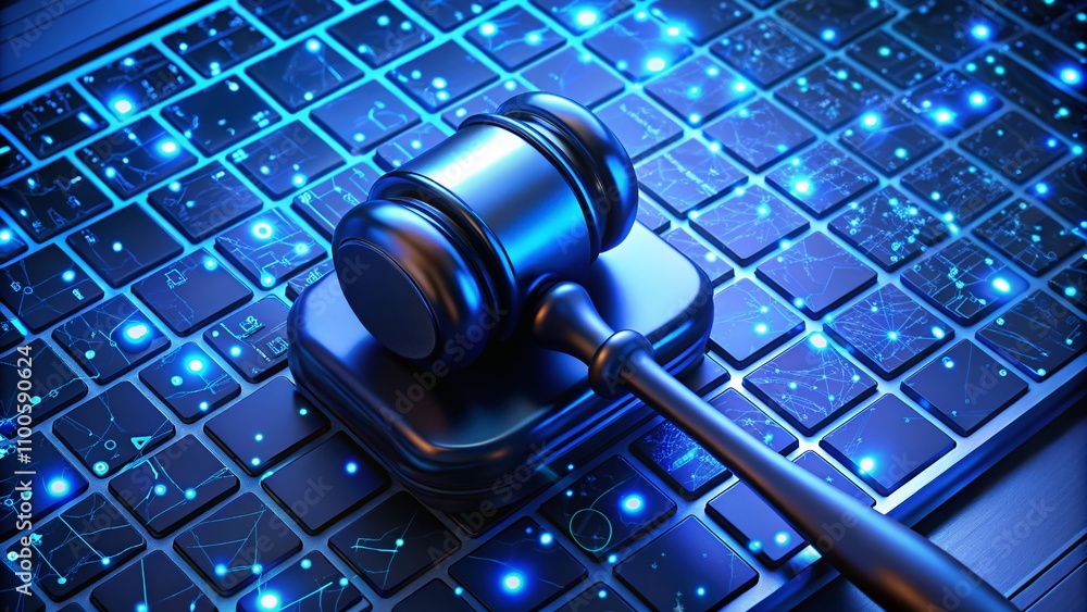Poster black judge's hammer on a binary code laptop keyboard symbolizing cyberlaw and cybersecurity amidst 