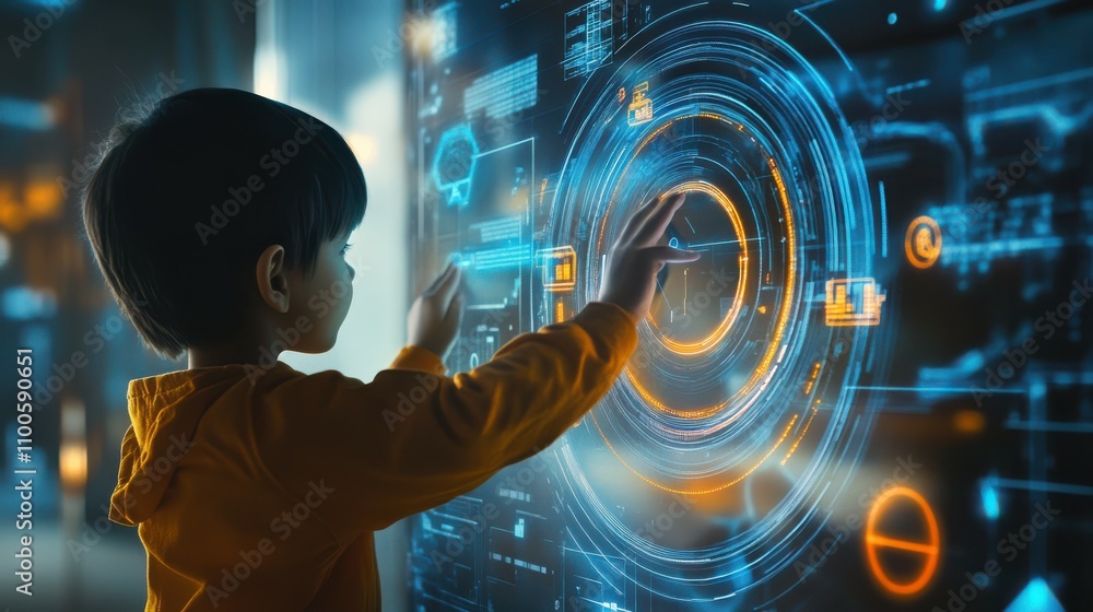 Poster the image shows a child playing with the augmented reality system on a futuristic processor. tv conc