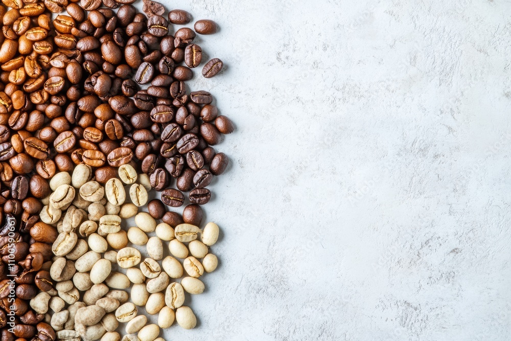 Poster Premium coffee beans in diverse shades are arranged on a clean white background, leaving space for additional text and information. Generative AI
