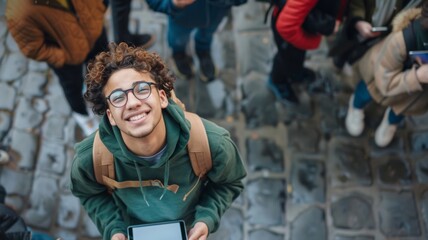 Obraz premium Young student man wearing glasses and a green hoodie is holding an iPad tablet in his hands, looking up at the sky with hope while standing on a street in Europe