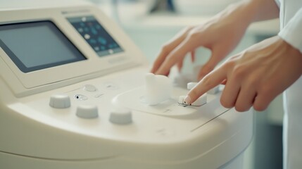 Close-up of a physiotherapist adjusting and preparing a magnetic therapy machine, highlighting the detailed control panel and precise calibration, capturing a clinical and professional setting.