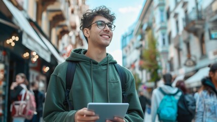 Young student man wearing glasses and a green hoodie is holding an iPad tablet in his hands, looking up at the sky with hope while standing on a street in Europe