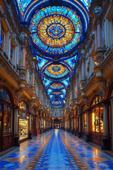 Obraz premium Visitors stroll through an elegant gallery featuring a breathtaking stained glass ceiling with intricate patterns and brilliant colors
