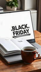 Black Friday sale. Shopping List in note book near laptop with word Sale and tea coffee cup at bad in home. Shopping Preparation Consumer Buying isolated with white highlights, png