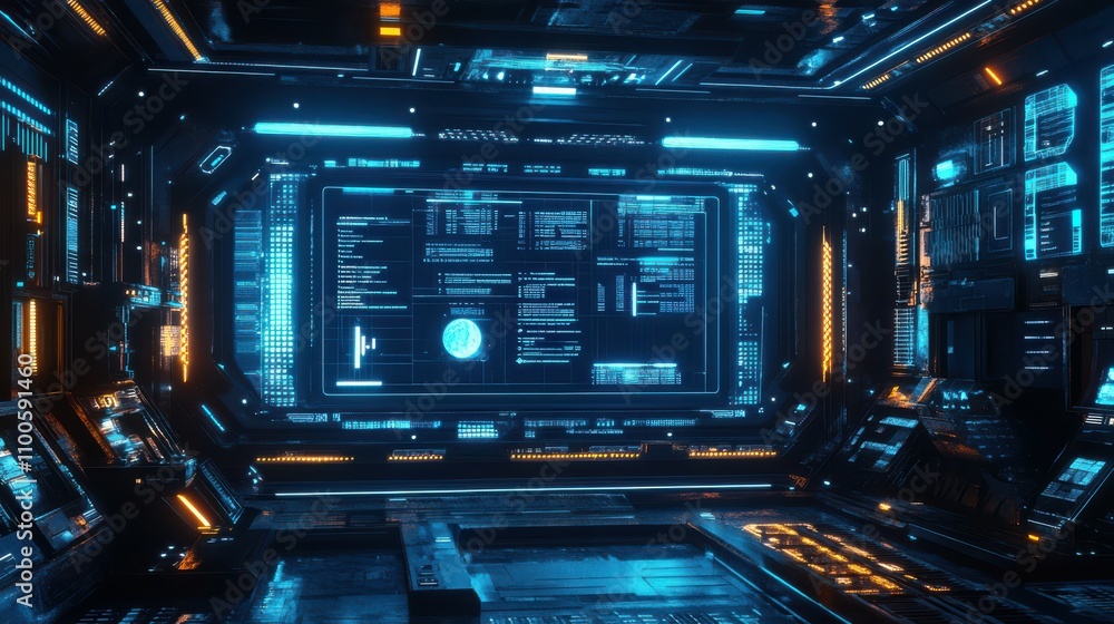 Poster this futuristic digital screen or game interface design concept has a blue technology background wit
