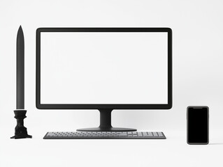 Fototapeta premium Leeres Display mit Smartphone und Pflanze auf einem minimalistischen Tisch, copy space