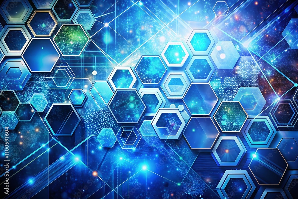 Poster blue background with geometric hexagons for technology and science design illustration, capturing mo