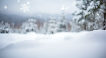 Peaceful winter landscape with snow-covered trees and falling snowflakes, selected focus, place for text