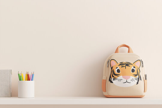 Kleiner Rucksack mit Tiger-Motiv auf einem hellen Regal

