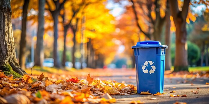 Blue Recycle Bin Surrounded by Colorful Leaves with Bokeh Effect for Environmental Awareness and Sustainability in Urban Settings