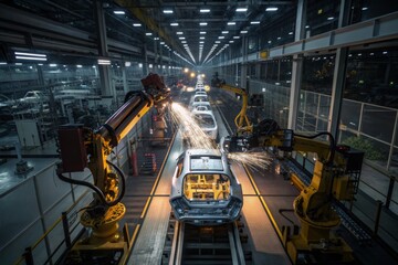 Fototapeta premium Advanced robotics in automotive manufacturing showcasing automated assembly line process at night