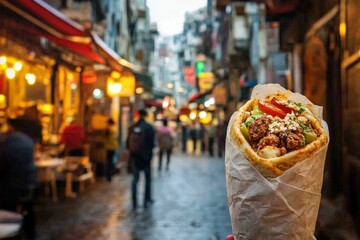 Naklejka premium Warm Shawarma Wrapped in Paper on a Street in Lebanon