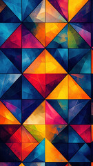 Fototapeta premium A geometric pattern of triangles and squares in vibrant colors, creating a dynamic and eye-catching design suitable for modern decor or graphic projects.